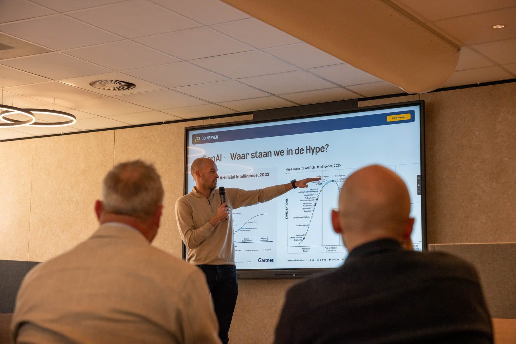 Bart Geurts presenteert bij Biga Groep in Zeist voor ondernemers, met op het scherm de vraag waar we staan in de hype rond generatieve AI