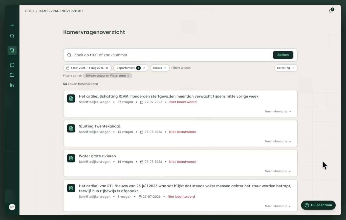 Het Kamervragenoverzicht in Codi, met per set het aantal vragen en de status